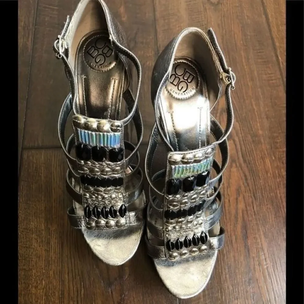 BCBG Platform Sandals, Silver, Patent leather, Embellished, Florescent  beads